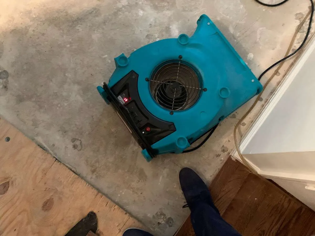 Air mover drying subfloor during Leak Detection & Repair in Hopewell